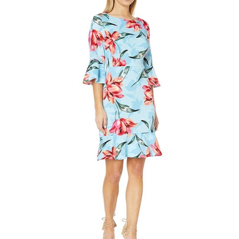 NWT Nine West Floral Bell Sleeve Dress Size 14 Knee Length Ruffle Skirt